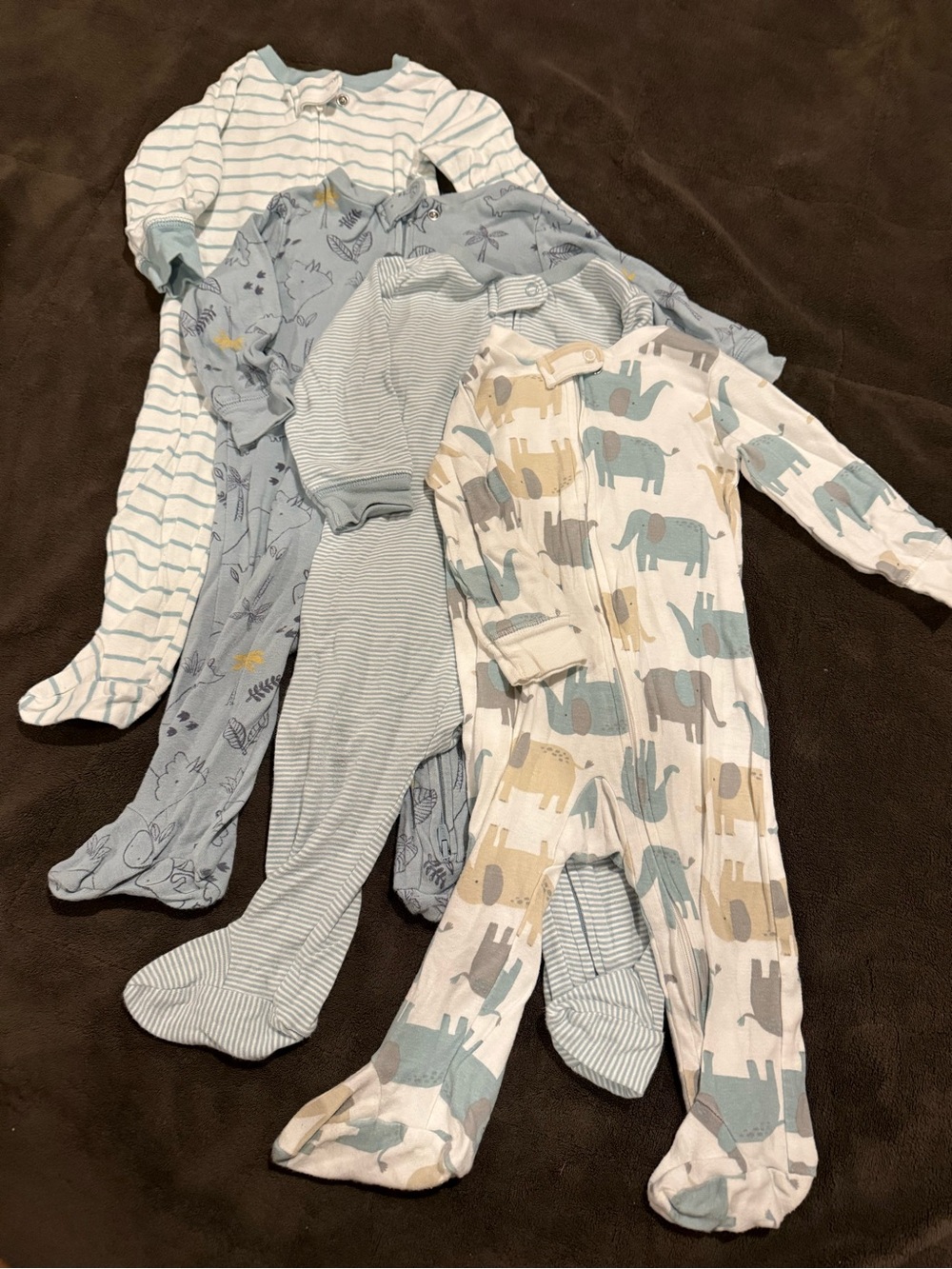 Unbranded Blue & Cream Elephant Stripe Baby One-Piece Sleepers - Pack of 4